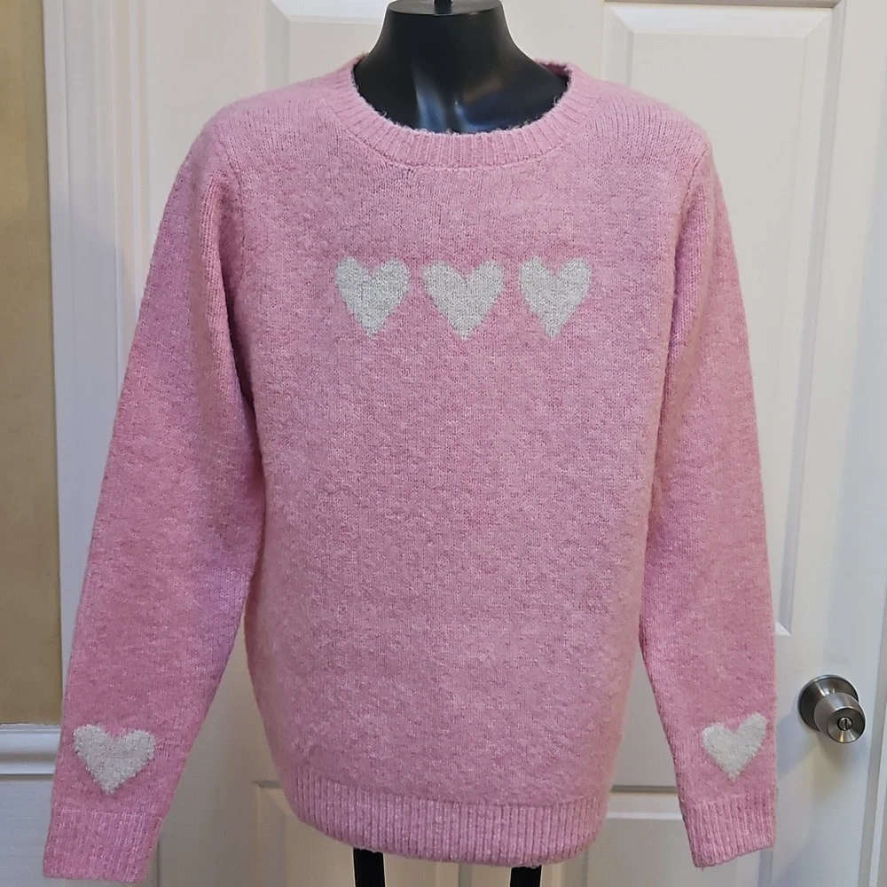 CUPCAKES AND CASHMERE Pink and White Crew Neck Heart Sweater - XS